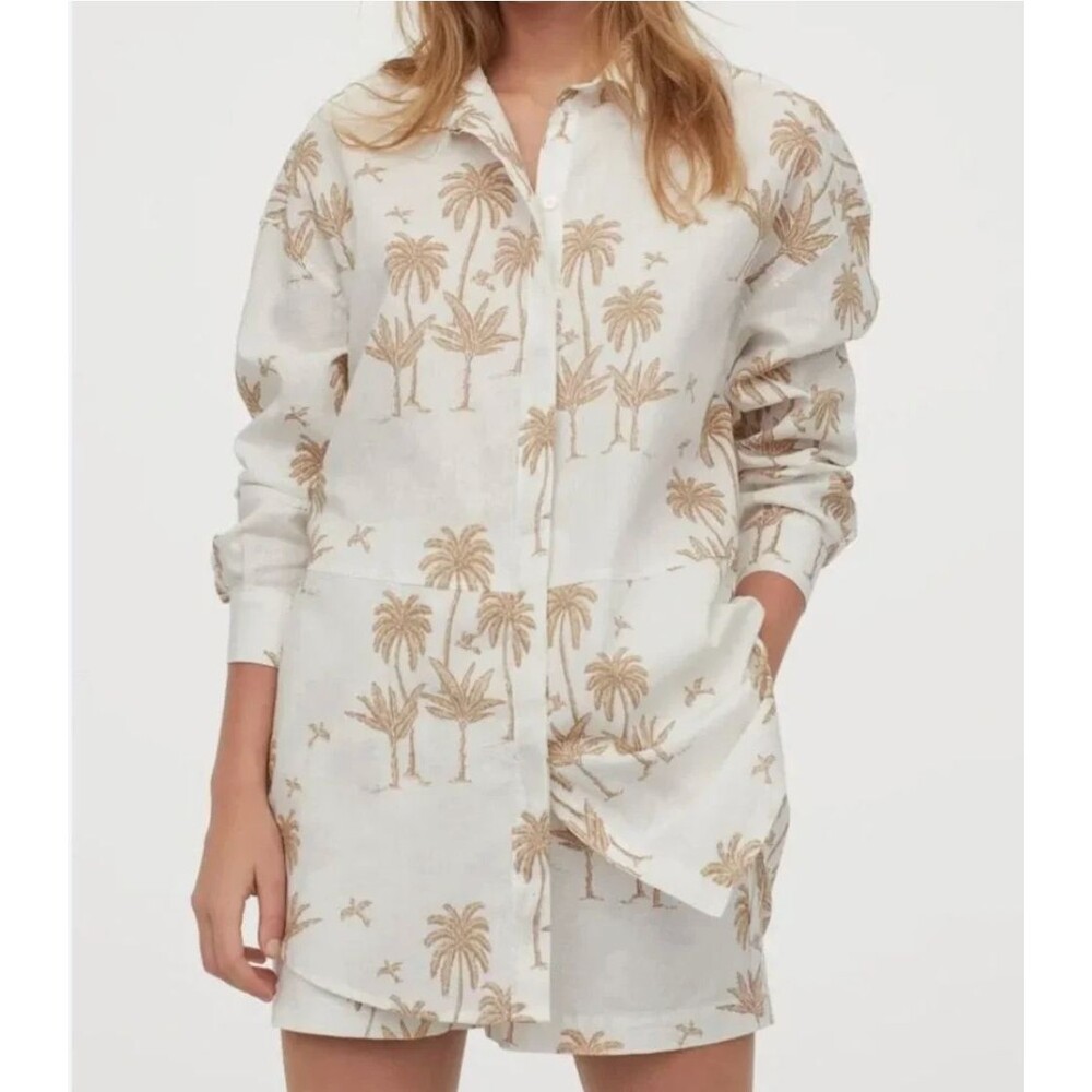 Desmond & Dempsey x H&M Tropical Palm Print Linen Cotton Tunic Shirt Resort XS